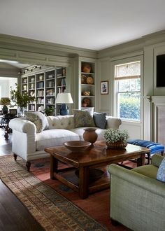 a living room filled with furniture and bookshelves next to a fire hydrant