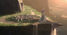 an artist's rendering of a sci - fi city on top of a cliff