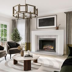 a living room with two couches, a coffee table and a fireplace in it