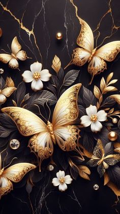 an artistic painting with gold and white butterflies on black marbled paper, surrounded by pearls