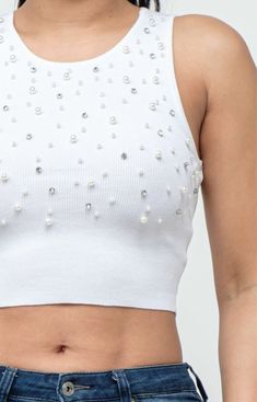 This stylish tank is the perfect addition to your summer wardrobe! This knit crop top features pearl and rhinestone embellishments and stretchy material. The material is 70% Rayon and 30% Nylon. Beaded Tank Top Diy, Diy Pearl Top, Diamond Birthday, Tank Tops Diy, Pearl Tops, Beaded Crop Top, Pearl Top, Denim And Diamonds, Top Diy