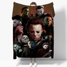 a hooded blanket with many images of people on it