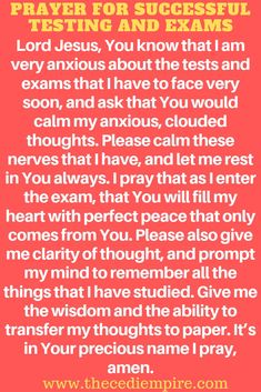 a prayer with the words prayer for successful testing and examisms on it