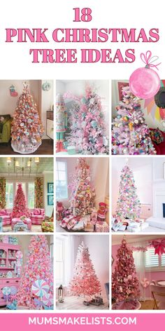 A collage of 9 pink Christmas trees featuring a variety of decorating styles, from chic and simple to bold and festive. The trees include pastel ornaments, metallic touches, and unique holiday themes, offering inspiration for anyone decorating their Christmas tree in 2024. Pink Girls Christmas Tree, Pink Christmas Tree With White Ornaments, All Pink Christmas Tree, Christmas Decor Pink Red And Green, Mini Christmas Tree Ideas Pink, Decorated Pink Christmas Trees, Pink Ombre Christmas Tree, Christmas Tree Ideas Girly, Pink Christmas Tree Ideas Decorating