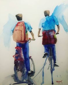 two people on bicycles with blue and red backpacks are facing each other in opposite directions