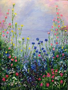 an oil painting of wildflowers and blue sky