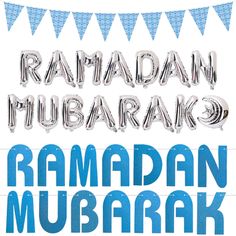 balloons and streamers with the words ramadan mubarak written in large letters