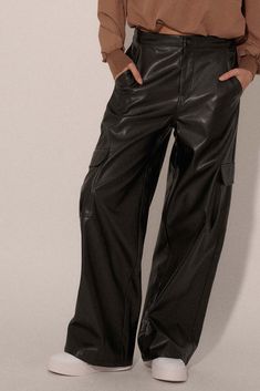 Carry Me Home Vegan Leather Wide-Leg Cargo Pants - ShopPromesa Leather Cargo Pants, Perfect Pant, Pants Large, Vintage Canvas, Faux Leather Pants, Winter Wardrobe, Zip Up, Cargo Pants, Black Pants