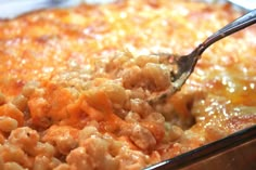 a casserole dish with macaroni and cheese being spooned into it