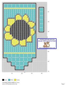 a cross stitch pattern with a blue and yellow flower on the front, and a white background