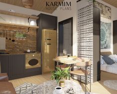 a living room and kitchen are shown in this 3d rendering image from karmim house plans