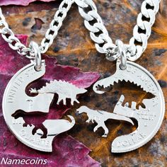 Raptor and Stegosaurus Dinosaur Necklaces for Best Friends, Hand Cut on a Quarter Necklaces For Best Friends, Dinosaur Necklace, Silver Quarters, Dog Collar With Name, Girls Jewelry Box, Bff Necklaces, Custom Dog Collars, Best Friend Jewelry, Personalized Dog Collars