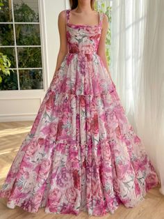 A Line Floral Pink Long Prom Dress | KissProm Pink Long Prom Dress, Princess Stuff, Prom Dresses Long Pink, Simple Frocks, Suspenders For Women, Designer Dresses Casual, فستان سهرة