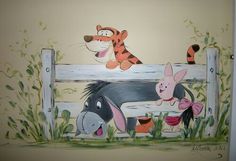 winnie the pooh, tigger and piggy on a fence painted in watercolor