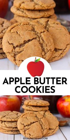 apple butter cookies stacked on top of each other with apples in the background and text overlay