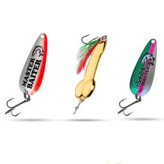 three different types of fishing lures with the name rapper on them and one is red