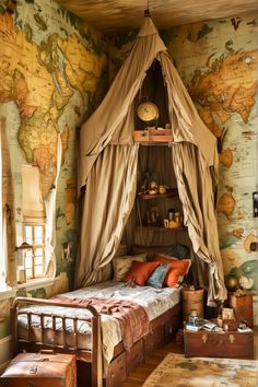 a bedroom with a map on the wall next to a bed and dresser in it