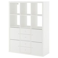 a white bookcase with four drawers and two doors