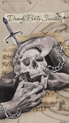 a drawing of a human skull being held by two hands with a chain around it