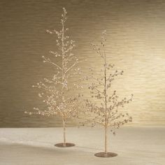 two small trees with white flowers on them