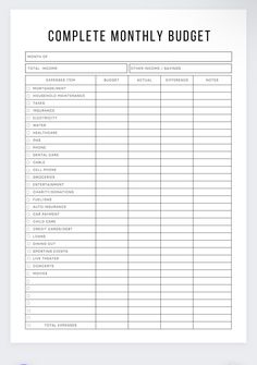 a printable budget sheet with the words, complete monthly budget and numbers on it