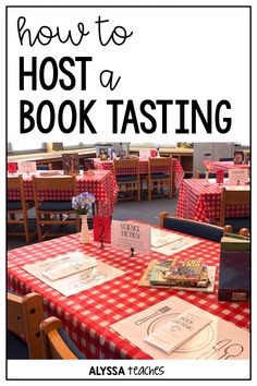 a red and white checkered table cloth with the words how to host a book tasting