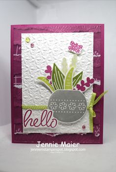 a handmade card with flowers in a vase on the front, and words hello