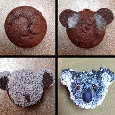 four different pictures of some kind of animal made out of cookies and other food items