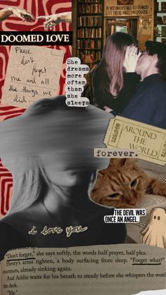 collage of images with cats, books, and other things in them that include words