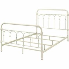 a white metal bed frame with headboard and foot board on an isolated white background