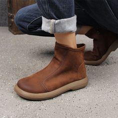 Retro Leather Ankle Boots for Women Flat Shoes Side Zipper in Gray/Coffee Leather Stitching, Oxford Boots, Ankle Boots For Women, Zipper Shorts, Ankle Boots Flat, Winter Snow Boots, Western Cowboy Boots, Boots For Women, Rubber Heels