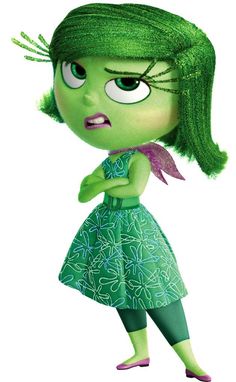 an animated character with green hair and big eyes, wearing a dress that has flowers on it