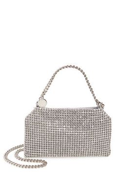 Light-catching crystal mesh enlivens this satin bag framed with signature diamond-cut chains forming the top carry handles and removable crossbody strap. Top zip closure Top carry handle; removable chain crossbody strap Interior wall pocket Organic-cotton lining Recycled polyester/crystal Made in Italy Designer Handbags Luxury Evening Bag With Chain Strap And Top Handle, Top Handle Chain Shoulder Bag For Party, Silver Top Handle Evening Bag For Night Out, Party Shoulder Bag With Chain And Top Handle, Evening Top Handle Shoulder Bag With Chain, Evening Shoulder Bag With Chain And Top Handle, Silver Evening Bag With Top Carry Handle, Evening Shoulder Bag With Top Handle And Chain, Luxury Bags With Chain Strap For Gala