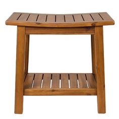 a wooden stool with a shelf on the top and bottom section, isolated against a white background