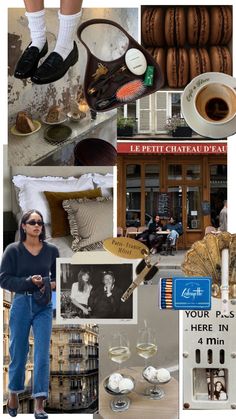 a collage of photos with coffee, donuts and other items