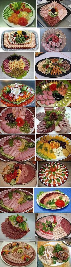 many different types of food are displayed on plates and trays in this collage