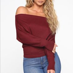 Brand New, Never Worn. Dolman Sleeve Off The Shoulder 96% Polyester Top Rated Seller & Fast Shipping Winter Burgundy Ribbed Tops, Casual Burgundy Knit Top, Off With His Head, Wine Top, Fashion Nova Tops, Wine Color, Ribbed Top, Wine Colored, Polyester Top