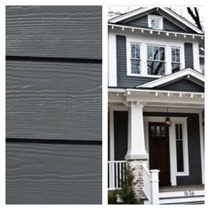 two pictures of the same house with different siding colors and trimmings on it