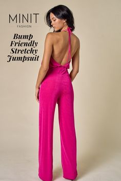 A classy evening starts with the Wow Factor Pink Halter Neck Open Back Flowy Jumpsuit! Stretchy pink fabric shapes this jumpsuit has a halter neckline and a fitted princess-seamed bodice. A high waist, and a neckline that ties at the back, tops flowy pant legs that ends with a long hem. Open back. No zipper/clasp. Pink Stretch Jumpsuits And Rompers For Evening, Pink Halter Neck Top For Evening, Fitted Jumpsuits And Rompers With Back Opening, Fitted Jumpsuits With Back Opening, Flirty Sleeveless Jumpsuits And Rompers For Evening, Flirty Sleeveless Jumpsuits For Evening, Chic Pink Backless Halter Top, Flirty Sleeveless Evening Jumpsuits And Rompers, Flirty Stretch Jumpsuits And Rompers For Date Night