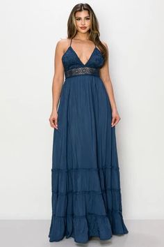 Halter style Crochet Maxi Dress in Navy This dress features an open back with tie back and adjustable spaghetti straps. The crochet detail sets this dress apart. It will quickly become your go to vacation dress. Summer V-neck Maxi Dress With Lace Back, Backless Dresses With Lace Trim For Vacation, Lace Dress With Smocked Back For Vacation, Backless Lace Beach Dress, Chic Backless Crochet Dress For Vacation, Beach Dress With Spaghetti Straps In Lace, Lace Beach Dress With Spaghetti Straps, Beach Dresses With Spaghetti Straps In Lace, Bohemian Maxi Dress With Spaghetti Straps And Lace Trim