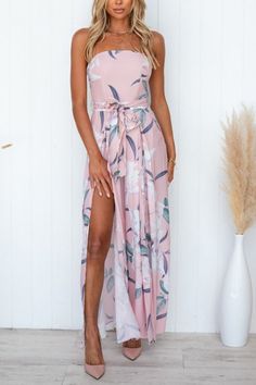 Floral Print Strapless Split Leg Jumpsuit Jumpsuit Suit, Beautiful Jumpsuits, Flare Jumpsuit, Split Legs, Pink Jumpsuit, Off Shoulder Fashion, Long Sleeve Jumpsuit, Floral Jumpsuit, Printed Jumpsuit