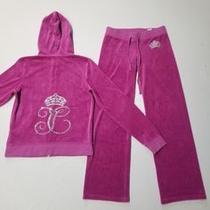 Purple Juicy Couture Tracksuit Velour Matching Set With Crystal Encrusted Crown Logo Notes/Flaws Stains Pants: Small, No Pockets Approximate " Laying Flat: Waist 15" Back Rise 11.5" Front Rise 9" Inseam 32" Total Length 40" Zip Up Jacket: Xl, Hoodie Approximate " Laying Flat: Pit-Bottom 15" Pit-Pit 20" Model Normally Wears Small & Is 5'4 Offers Welcome<3 Juicy Couture Track Suit Y2k, Fitted Hooded Loungewear Set, Old Juicy Couture Tracksuit, Vintage Juicy Couture Tracksuit, Purple Juicy Couture Track Suit, Vintage Juicy Couture Tracksuit Pink, Juicy Couture Pants, Juicy Couture Tracksuit, Tracksuit Set