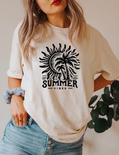 Summer Vibes Tshirt,Beach Shirt,Summer Vacation Shirt,Summer Vacation,Summer Vibes,Summer Sweatshirt,Sunrise Shirt For Women,Retro Ocean Sun We design trendy sweatshirts that you can use in every important day of your life. We produce beautiful and quality designs that can be used in all kinds of activities that you will do with your family or friends. These designs will offer you and your environment a unique complement. We are very excited to bring you our high quality and soft, trendy sweatshirt. Every sweatshirt we made means a new excitement for us. ▶️ Product Details Unisex T-Shirt: - Comfort Colors Brand - 100% cotton - Light/medium weight and extremely soft, this shirt is sure to be your next favorite t-shirt. ▶️ Sizing and Coloring Please make sure you select the right color and s White Printed T-shirt For Summer, Bohemian Crew Neck T-shirt For Summer, Bohemian Short Sleeve Beach T-shirt, Summer Cotton T-shirt For Vacation, Cotton Summer T-shirt For Vacation, Cotton T-shirt For Summer Vacation, Summer T-shirt For Vacation, Summer Cotton T-shirt With Palm Tree Print, Summer Vacation T-shirt For Warm Weather