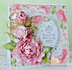 a card with pink flowers on it and a verse in the middle that says god