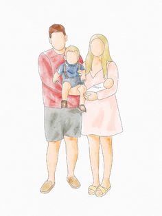 a watercolor and ink drawing of a family holding a baby in their arms, with the child being held by his mother