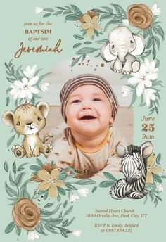 a baby boy is smiling and surrounded by flowers, zebras and other animals on a green background