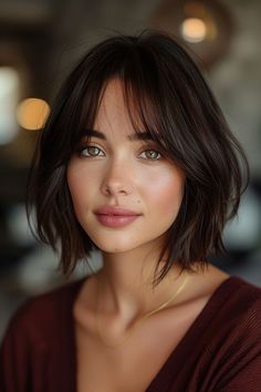 Hair Colour Brown Eyes, Effortless Hairstyles For Short Hair, Shoulder Length Brown Hair With Bangs, Bob Haircuts For Oval Face, Short Haircut Brunette, Dark Bob With Bangs, Selena Gomez Hair Short, Dark Brown Shoulder Length Hair, Bob Haircut With Highlights