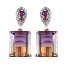 Ametrine is a transparent, bicolored quartz that has the contrasting colors of amethyst and citrine, giving it a magnificent appearance. Featuring 12x10mm octagon-shaped, 5.50 carat ametrine gems, these 11.38 carat Gem Treasures drop earrings are sure to be admired. Each large ametrine dangles beneath an embellishment of two African amethysts and 18 dazzling white zircons. You'll love the playful movement as they dance in the light! The pair is crafted in 18K rose gold vermeil over sterling silv Ametrine Earrings, Multi Earrings, Ametrine Jewelry, Amethyst And Citrine, Gem Earrings, Jewelry Plate, 18k Rose Gold, Gold Vermeil, Citrine