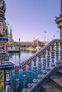 the railings are painted with blue and yellow designs