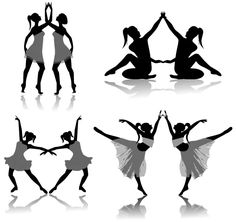 four silhouettes of ballet dancers with their arms in the air and one sitting on the floor